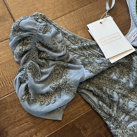 Mac Duggal 5434 Short Sleeve Silver Slate Blue Beaded Tea Length Dress Sz 8 NWT - Picture 11 of 14